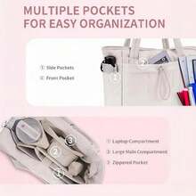 Puffer Tote Bag With Cup Holder & Laptop Compartment & Trolley Sleeve For Travel, Work, Nurse, Women - Beige - View 5