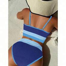 Sporty Striped Swimwear Set - Women's Wire-Free Comfort Top & Stretch Bottom, Ideal For Beach & Pool - Màu xanh lam - Xem 3