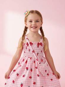 Young Girls' Spring/Summer Love Plaid Strawberry Print Ruffle Hem Bow Decor Cute Vacation Style Strap Dress With Matching Sling Bag - Pink - View 8