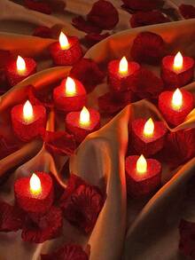 6/12/24件套明亮浪漫心形LED蜡烛套装，浪漫装饰，情人节装饰，无焰浪漫氛围LED茶蜡，适用于情人节、周年纪念日、婚礼、生日派对装饰