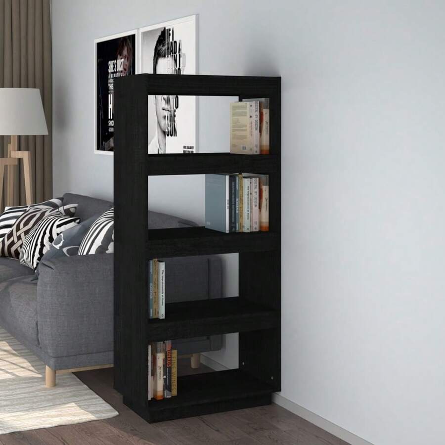 Larryhot Estantería/divisor de espacios madera pino negro 60x35x135 cm, Fácil de montar, elegante y hermoso, y conveniente para almacenar artículos, es una opción ideal para el almacenamiento y la decoración del hogar.