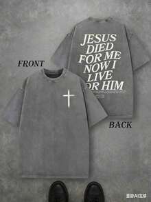 1pc Retro Washed T-Shirt Double Sided Printed (230 Pure Cotton T-Shirt) 'JESUS DIED FOR ME NOW I LIVE FOR HIM' Letter Print, Christian Gift, Men's T-Shirt, Men's Casual, Comfortable, Fashionable T-Shirt, Street Style Cotton - Unisex Plus Size Top Tops For Women Graphic Tees Men - 灰色 - 查看 4