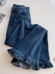 Retro Wood Ear Lace Trousers High Waist Straight Loose Slim Wide Leg  Autumn All-Match Denim Trousers For Women - Màu xanh lam - Xem 3