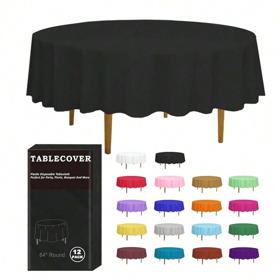 D&Z Plastic Table Cloth Disposable, 12 Pack Black Round Tablecloth Individually Wrapped For Indoor&Outdoor, 84 Inch Table Cover For Party, Picnic, Birthday, Wedding & Dinner - Black - 查看 1