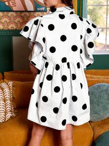 Boho Women's Polka Dot Flowy Short Dress For Spring And Summer, Button-Down Henley Collar Short Sleeve A-Line Midi Dress With Flutter Sleeves For Dates And Outings - White - View 2
