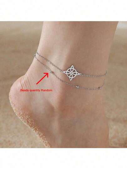 1 pieza Tobillera con nudo de bruja, tobillera de acero inoxidable de doble capa con cadena de perlas para mujer, joyería de brujería, accesorio de verano (cantidad aleatoria de perlas)