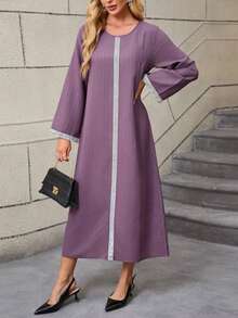 Vestido árabe de mujer talla grande con patchwork de rayas, botones, encaje y cinta - Púrpura malva - Ver 9