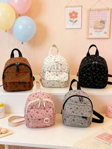 1pc Minimalist Solid Color Corduroy Striped Backpack, Cute Panda Pattern Fresh And Sweet Compact Backpack, Zipper Closure, Comfortable Adjustable Shoulder Strap, Suitable For Various Occasions Including Outdoor, Play, Commuting, Etc. - Bow Backpack - View 2