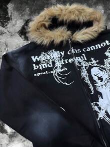 Mens 3D Graphic Zip Hoodie With Faux Fur Trim Oversized Gothic Streetwear Jacket Vintage Print Pullover For Casual - màu đen - Xem 3