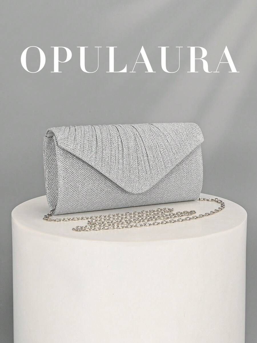OpulAura 1件装优雅褶皱亮面女士手提包，时尚奢华女士晚宴钱包，信封式手拿包设计，带隐藏式卡槽和隔层，可拆卸金属链条肩带，适合派对女孩、新娘、节日礼物、婚礼手拿包、派对包，完美搭配节日派对礼服、晚礼服和亮片裙，尤其适合新年和其他场合。 - 銀色 - 查看 1