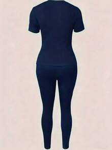 2pcs/Set Paris Print Casual Short Sleeve Round Neck T-Shirt And Leggings, Women - Blue - View 2