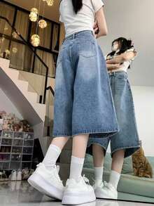 夏季复古美式高街宽松直筒七分牛仔裤，无弹力面料，高腰设计 - 中等水洗藍 - 查看 2