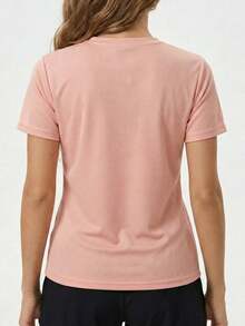 Women's Modern Graphic Running T-Shirt, Asymmetrical Workout Top, Casual Athletic Wear - Pink - View 2