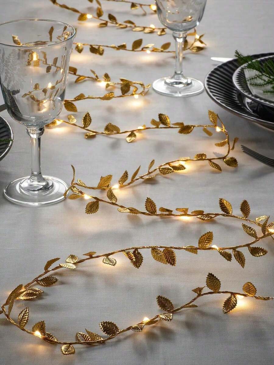 1pc 3 Meters/10ft Gold Artificial Leaf LED String Lights, 30 Bulbs, Suitable For Gift Wrapping, New Year Gifts, Wedding Dessert Table, Cake Decor, Birthday Party, Holiday Decoration (Transparent Battery), Halloween, Autumn, Christmas - Multicolor - View 1