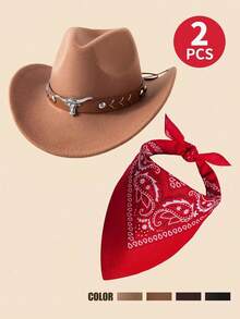 两件套西部牛仔服装，包括牛仔帽和头巾，经典串珠毡帽，男女皆宜，另附西部牛仔帽 - 1PC - 查看 1