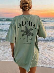 2026 Summer Shirts Women's New Palm Tree Slogan Print Casual Round Neck Short Sleeve T-Shirt, Fashionable Resort Style, Your Daily Essential Item. Gr - 綠色 - 查看 5