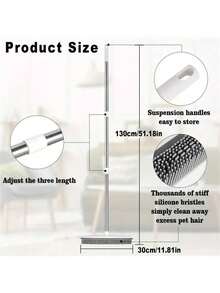 1pcs Portable Pet Hair Remover Push Broom With Rubber Teeth - Stainless Steel & Flag-Free Pig Bristles, Ergonomic Handle For Carpets, Hardwood Floors, Tiles, Windows - Efficient Grooming Tool For Bedroom, Bathroom, Kitchen, Living Room - Grey - View 2