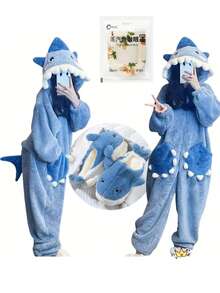 女士法兰绒连体衣，加厚鲨鱼连帽长款毛绒保暖卡通套装，可爱有趣的卡通鲨鱼连帽保暖外套，适合作为生日、万圣节、圣诞节、新年礼物，长袍可作毯子穿着，秋冬季 - 彩色 - 查看 6