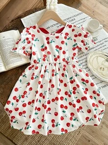 Korean Style Girls Cherry Print Dress, Summer, Backside Red Bow Puff Sleeve Princess Dress, Children Sweet Puffy Skirt, Children Waist Cinched Vacation Dress - Red - View 3