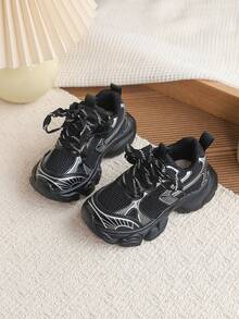 1 Pair Kids Spring/Autumn New Fashion Chunky Sneakers, Soft Sole Versatile Outdoor Anti-Slip Sports Shoes Suitable For Big Children Running/Travel/Casual Wear - Black - View 2
