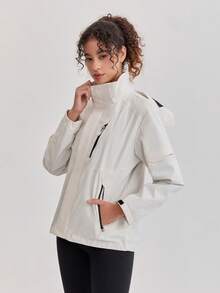 1pc Solid Color Lightweight Windbreaker Jacket, Spring/Autumn Outdoor Sports Hooded Waterproof Windproof Running Hiking Coat White - White - View 9