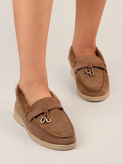 Thermal Lined Comfort Shoes For Women, Retro Flat Slip-On Warm Fur Lined Leather Winter Loafers