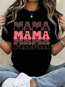 Mama Leopard Print Graphic T-Shirt Women Casual Short Sleeve Top Fashion Statement Tee Shirt White Pink Design Motherhood Gift - 黑色 - 查看 1
