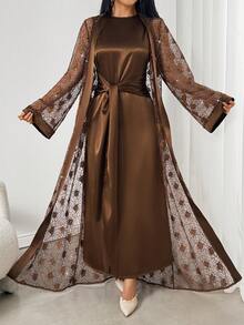 Women's Elegant Floral Lace Sheer Maxi Robe, Vacation Style - Brown - View 3
