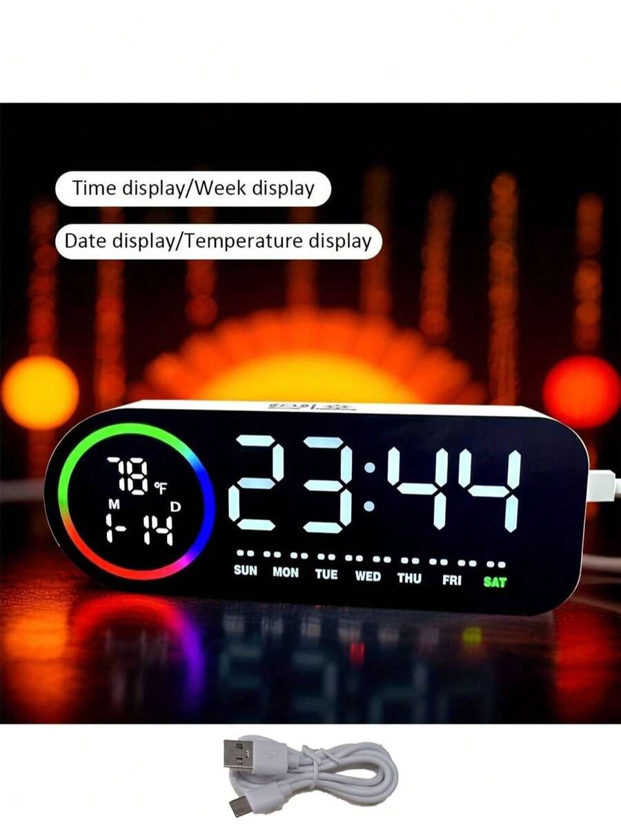 This LED Digital Clock Features Adjustable Brightness, Date And Temperature Display, USB Connectivity, And Is Suitable As A Sports/Fitness Timer Alarm Clock For Home And Office Use. It Also Has A Snooze Mode, Voice Control Mode, And Day/Night Mode Switching Function. - 彩色 - 查看 1