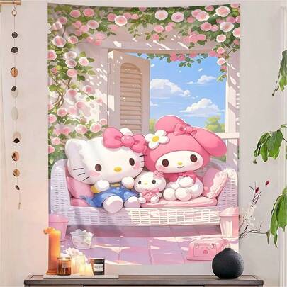 Sanrio 2 piezas Colgante de pared decorativo con diseño de Kitty y Melody en flores y enredaderas para balcón: Decoración de dormitorio / habitación de niña con estilo sanador. Tapiz decorativo para dormitorio y estudio. Accesorio decorativo de arte y muebles. El regalo perfecto para tu mejor amiga / compañera de cuarto