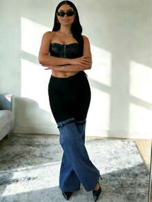 Y2K Streetwear Patchwork Wide Leg Pants For Women High Waist Stretch Black Top With Washed Denim Flared Bottom And Decorative Belt Straps - 藍色 - 查看 10