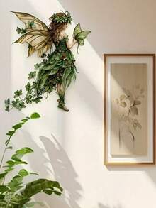 绿色仙女与蝴蝶墙贴 - 自粘可移除PVC奇幻墙贴，迷人的森林场景，中世纪风格卧室、客厅或圣诞礼物装饰。 - 彩色 - 查看 4