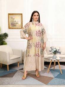 Plus Size Colorful Embroidered Arabic Style Elegant Long Sleeve Dress, Modest Fashion, 2026 New Style Ramadan Traditional - Apricot - View 2