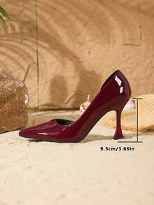 9厘米女士尖头不规则设计镜面PU性感酒红色高跟鞋，专业鞋履，优雅时尚高跟鞋，舒适百搭，适合日常、派对、情人节、春节、聚会、户外穿着。 - 酒紅色 - 查看 7