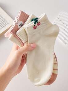 5/10 Pairs Women Anti-Slip Short Socks, Pink Cherry & Strawberry Pattern, Suitable For All Seasons - Multicolor - View 2