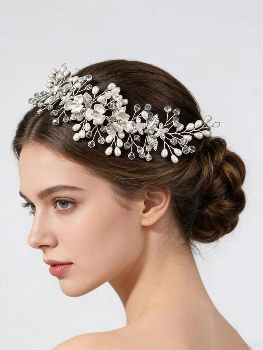1 chiếc băng đô cài tóc cô dâu kiểu Âu & Mỹ thủ công bằng hợp kim ngọc trai trắng đính lá và hoa, phụ kiện váy cưới. - Bạc - Xem 1