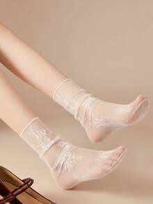 1 双女士法式花卉藤蔓黑白中筒袜 - 舒适、简约、时尚、柔软 - 适合日常穿着、聚会、旅行、居家、商务场合 - 黑與白 - 查看 9