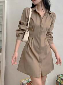 Roviva Casual Elegant Front Button Waist Cinched Short Dress, Suitable For Back To School, Valentine's Day, Office, Date, Vacation, Party, Autumn Dress For Women - Khaki - View 2