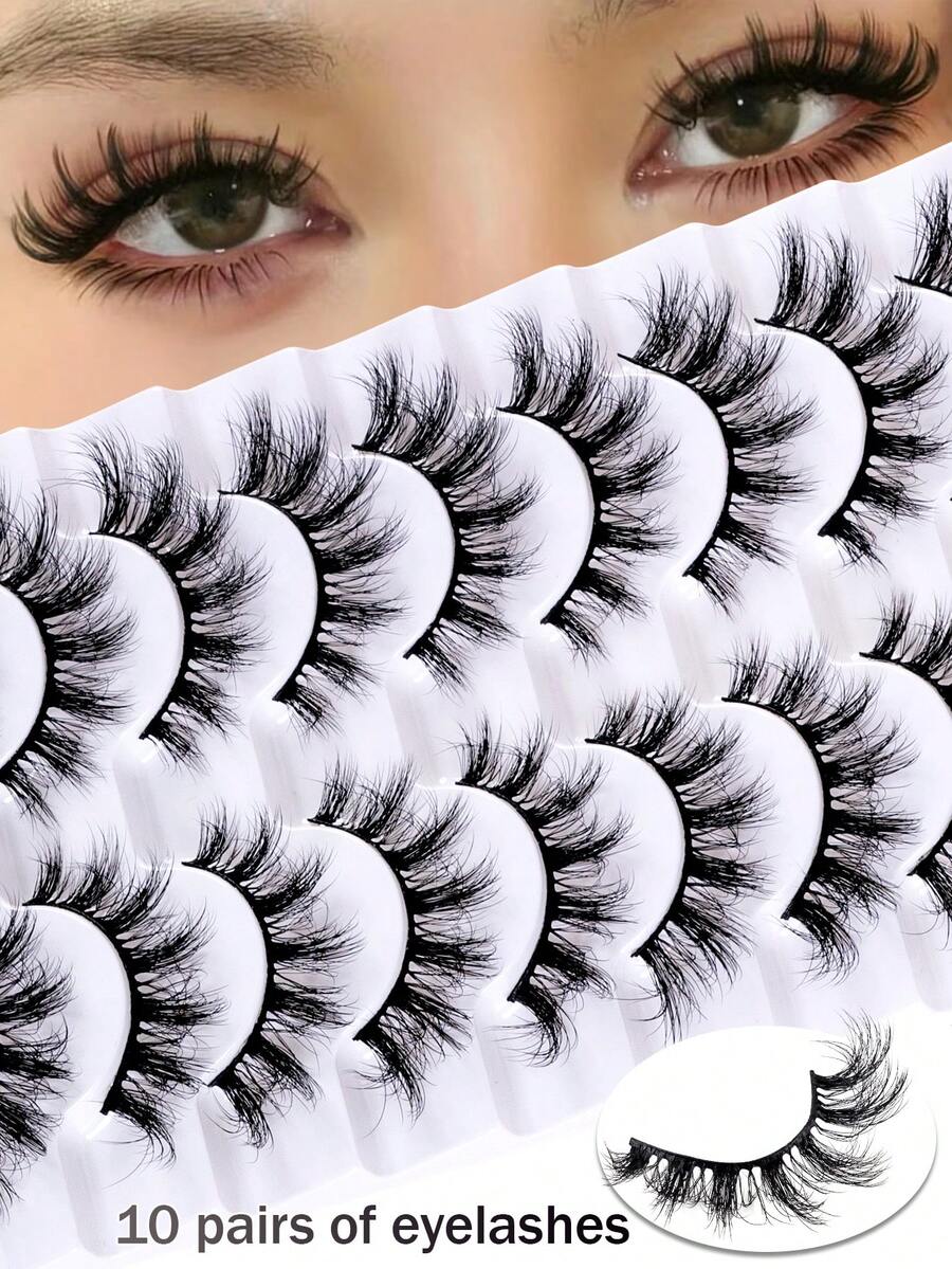 10款自然款假睫毛：蓬松柔软的3D水貂毛假睫毛、纤细假睫毛、睫毛、凌乱多层假睫毛、短而浓密的假睫毛、加长假睫毛、散落式假睫毛，适用于婚礼、派对、夜店、日常工作会议等场合的彩妆产品，自然款假睫毛，佩戴舒适的条纹假睫毛