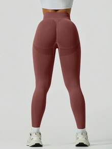 NcmRyu 1件装女士无缝罗纹弹力腰收腹高腰提臀运动紧身裤 - 棕色 - 查看 6