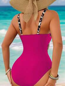 Summer Fashion Bikini Swimsuit One-Piece, Beach Monokini, European & American Sexy Color Blocking Swimwear, For Spa, Holiday, Party, Women Vacation - Hot Pink - View 4