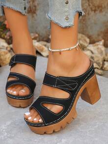 女士高跟凉鞋，纯色，魔术贴，防水厚底，宽楦，轻便舒适粗跟，休闲/工作两用拖鞋，简约夏季沙滩人字拖 - 黑色 - 查看 6