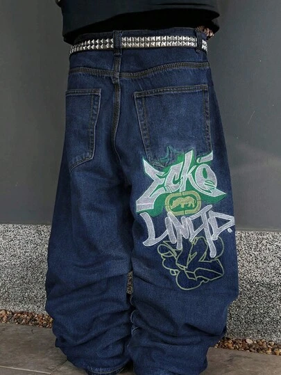 Jeans anchos y sueltos con bordados, estilo casual gótico grunge Y2K para hombres, versátil para todas las estaciones, moda urbana, adecuado para trabajo, transporte, actuaciones, reuniones y uso al aire libre