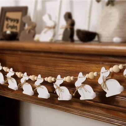 1件复活节装饰花环，可爱兔子复活节花环，带木珠，乡村风格横幅，适用于壁炉架、墙壁、家居、办公室、学校室内外春季装饰用品