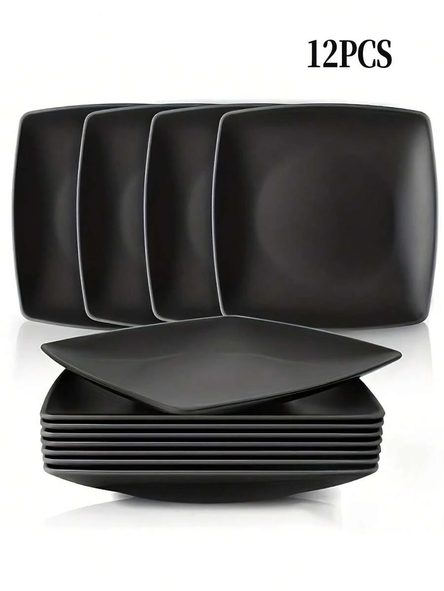 4/6/12pcs Reusable Plastic Square Plates, Black Dinnerware Plates Suitable For Home Kitchen, Dining Room, Dorm, Camping, Picnic, Serving Dishes, Desserts, Snacks - 黑色 - 查看 1