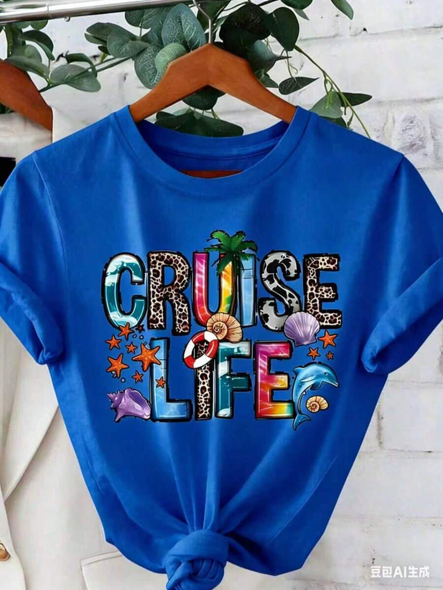 Women "Cruise Life" Summer Vibe Letter Print Short Sleeve Crew Neck T-Shirt-White And Navy Off-The-Shoulder Cropped Top Thanksgiving And Christmas - 藍色 - 查看 1