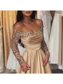 2026 Women's Banquet Long Sleeve Temperament Ladies Annual Meeting Host Aura Queen Sequin Evening Dress - 金色 - 查看 4