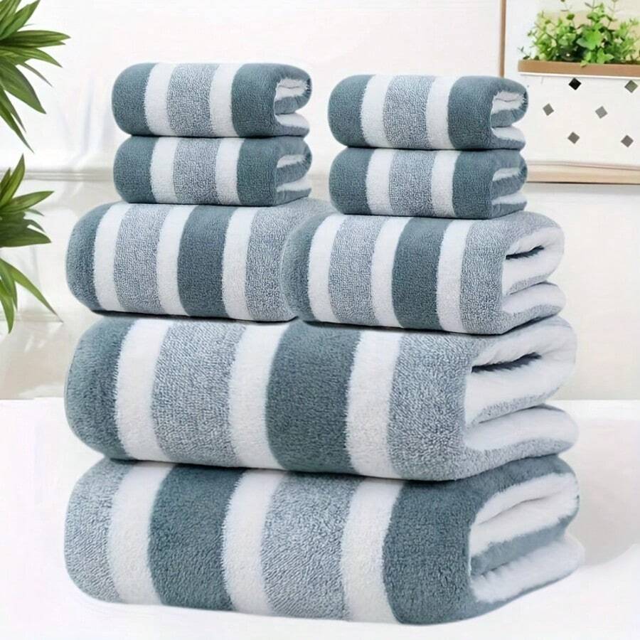 8-Piece Bath Towel Set: No-Shedding, Ultra-Soft & Super Absorbent Towels In Dual-Tone Stripes. Hotel-Grade Luxury With 2 Large Bath Towels, 2 Medium Bath Towels, And 4 Small Hand Towels.