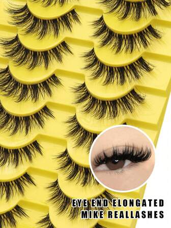 10 par fluffiga, korsade, spetsiga lösögonfransar; ryska lösögonfransar; transparent band; naturliga och fina lösögonfransar; gul förpackning; konstgjorda minkögonfransar; mjuka, solfjäderformade, böjda ögonfransar.
