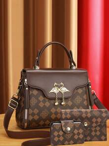 女士时尚手提包三件套 - 多功能休闲托特包配钱包，咖啡棕色，人造革，拉链封口，印花，抽绳饰边 - 女士风格 - 适合日常使用、购物、约会 - 送给她的完美礼物 - 彩色 - 查看 10